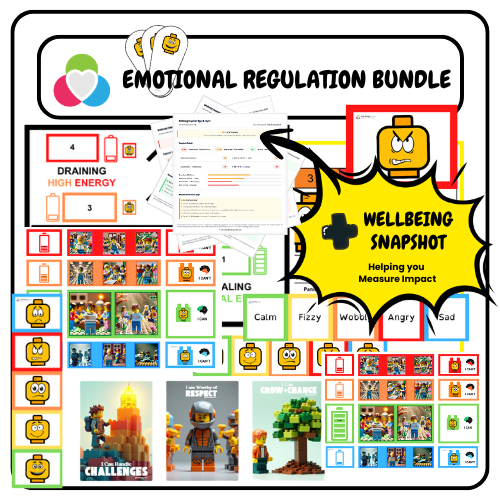 Six LEGO-style PDF resources for professionals - scales, strips, fans, posters, triggers pack and Window of Tolerance. Neurodivergent-affirming.