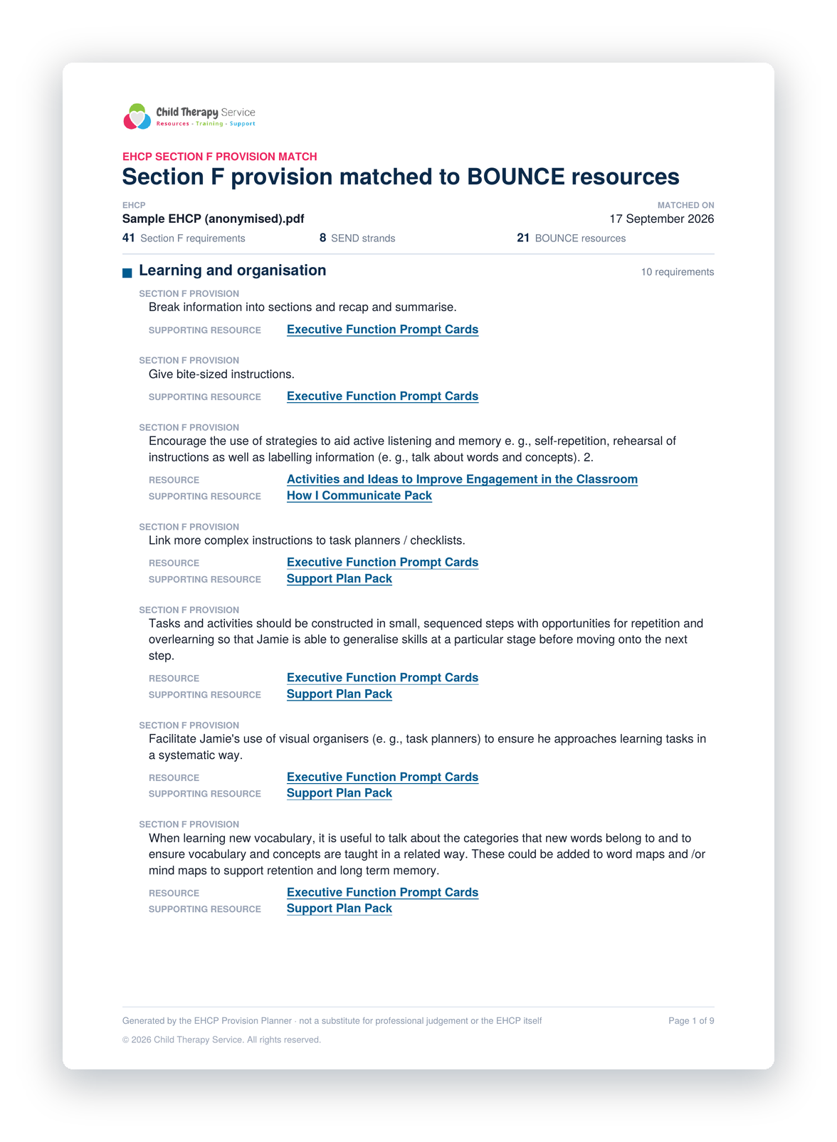 Section F provision organised into SEND strands in the EHCP Provision Planner