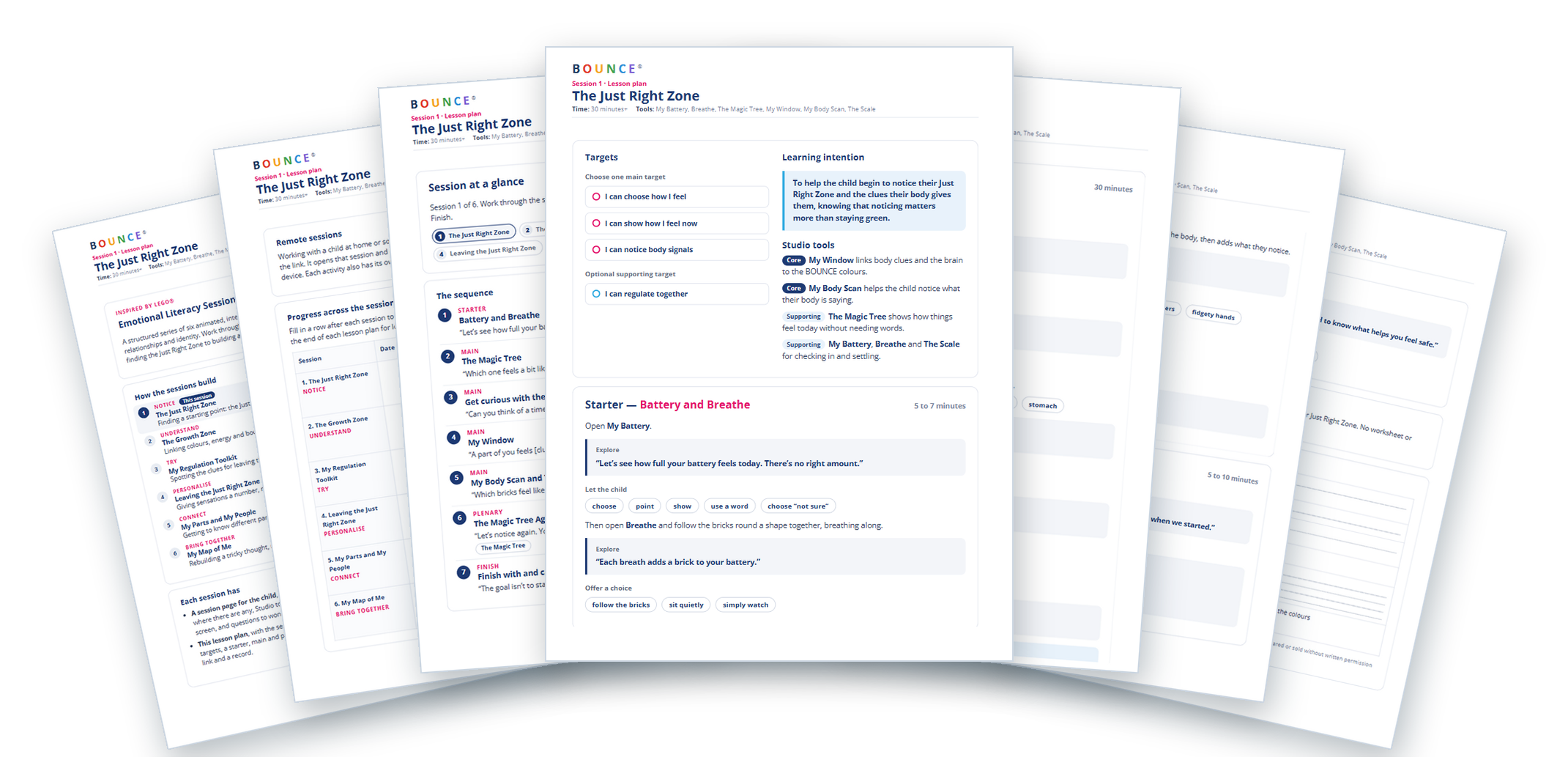 Pages from the lesson plan for The Just Right Zone, showing targets, the session sequence, the progress tracker and the record