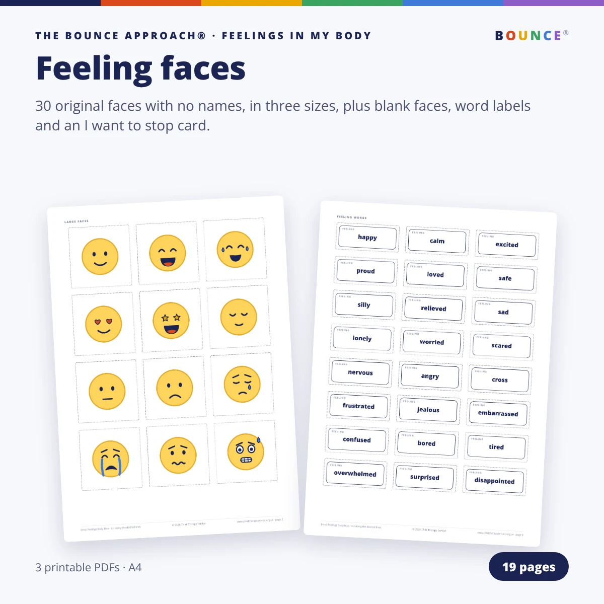 A sheet of large feeling faces to cut out, and a sheet of feeling word labels.