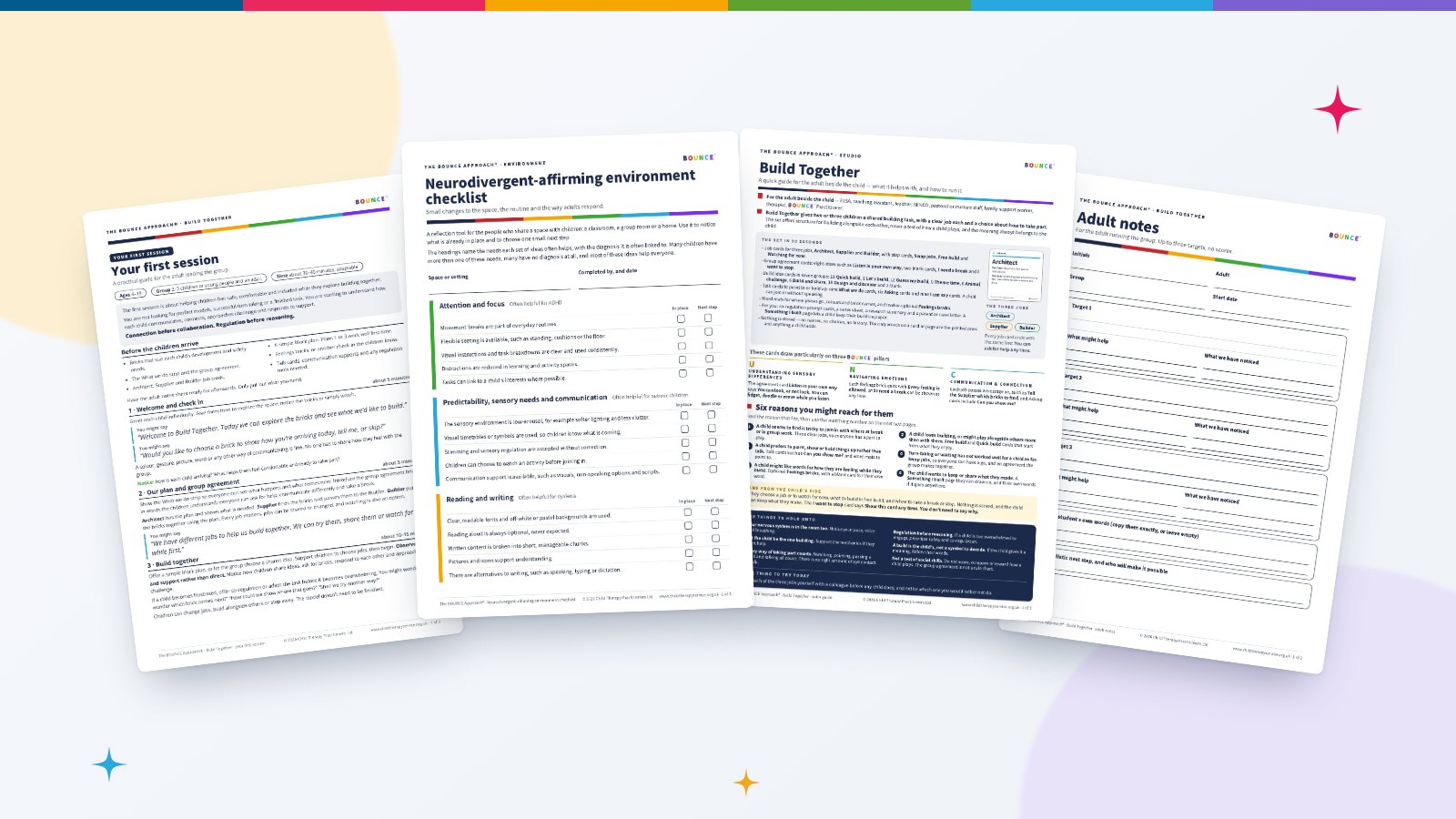 Your first session guide, the neurodivergent-affirming environment checklist, the Build Together quick guide and adult notes