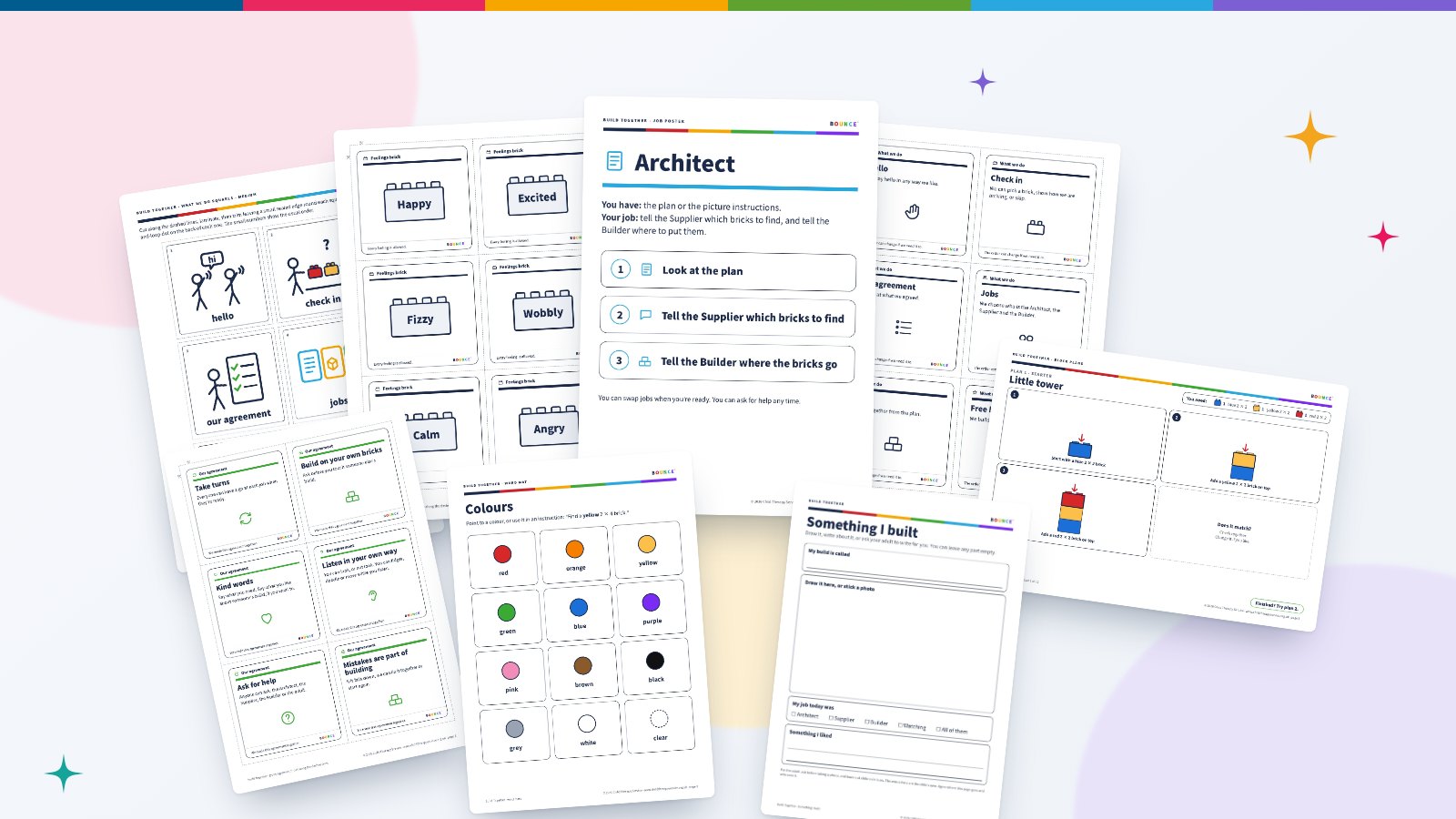 A spread of Build Together printables: job posters, feelings bricks, agreement cards, word mats, block plans and a Something I built sheet