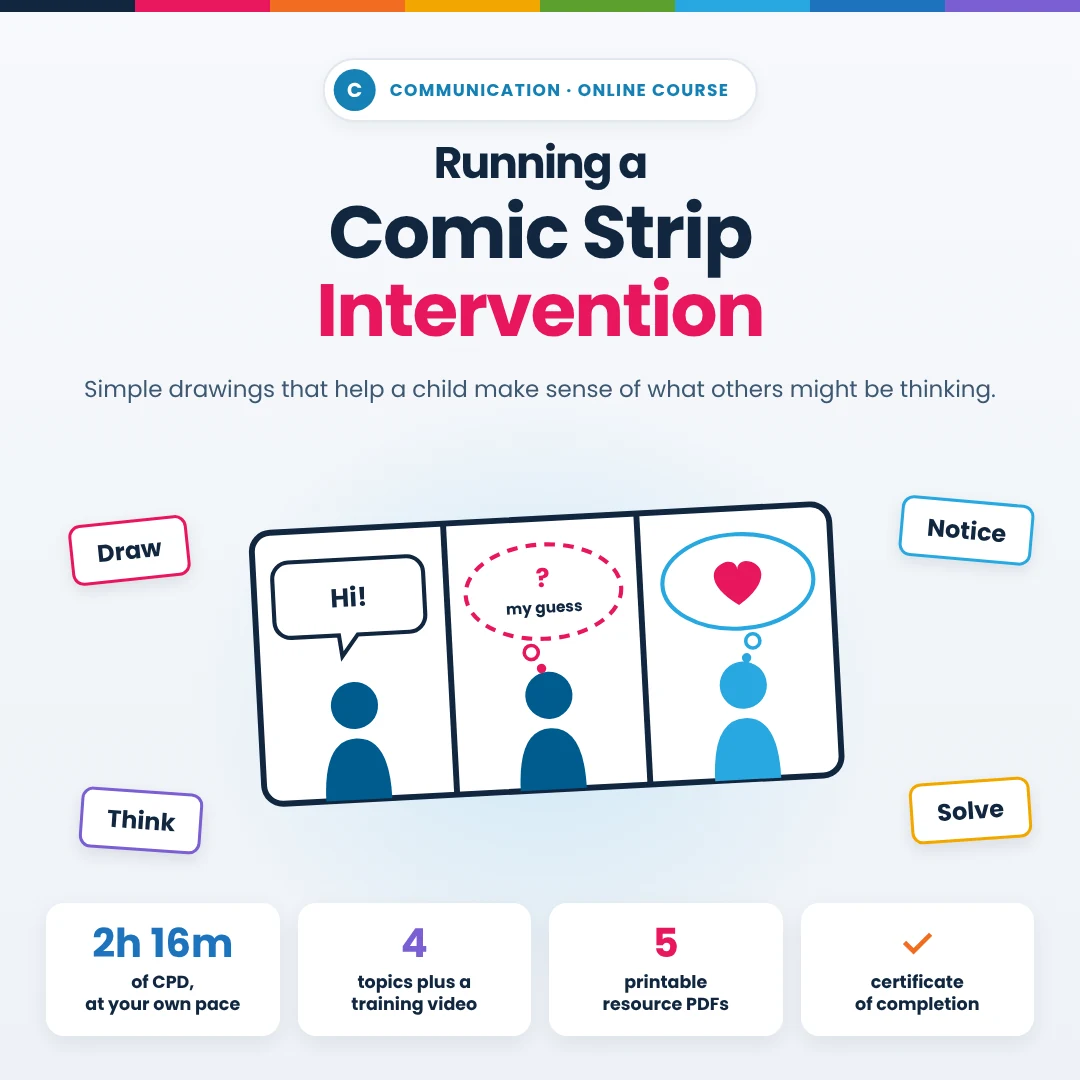 Running a Comic Strip Intervention: a three-panel comic strip with a speech bubble, a dashed guess bubble and a heart, and 2h 16m of CPD, 4 topics plus a training video, 5 printable resource PDFs and a certificate of completion.