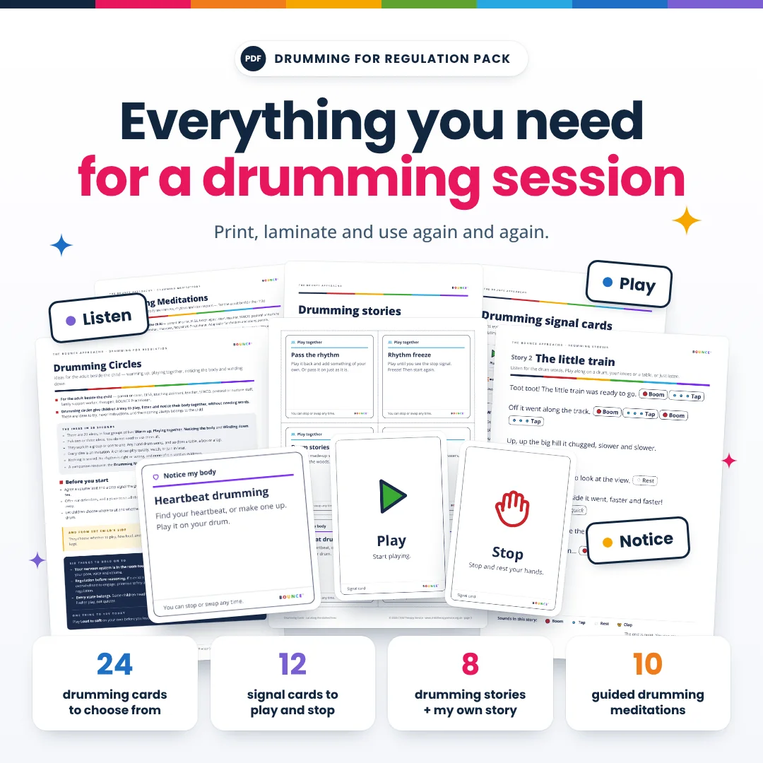The Drumming for Regulation pack: 24 drumming cards to choose from, 12 signal cards to play and stop, eight drumming stories plus a my own story page, and ten guided drumming meditations.
