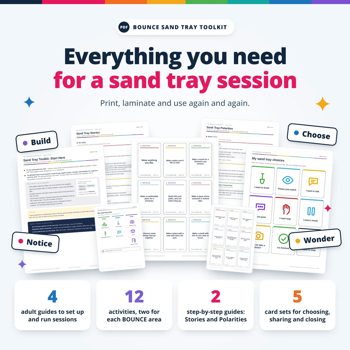 The BOUNCE Sand Tray Toolkit: four adult guides, 12 activities, step-by-step guides to Sand Tray Stories and Sand Tray Polarities, and five card sets.